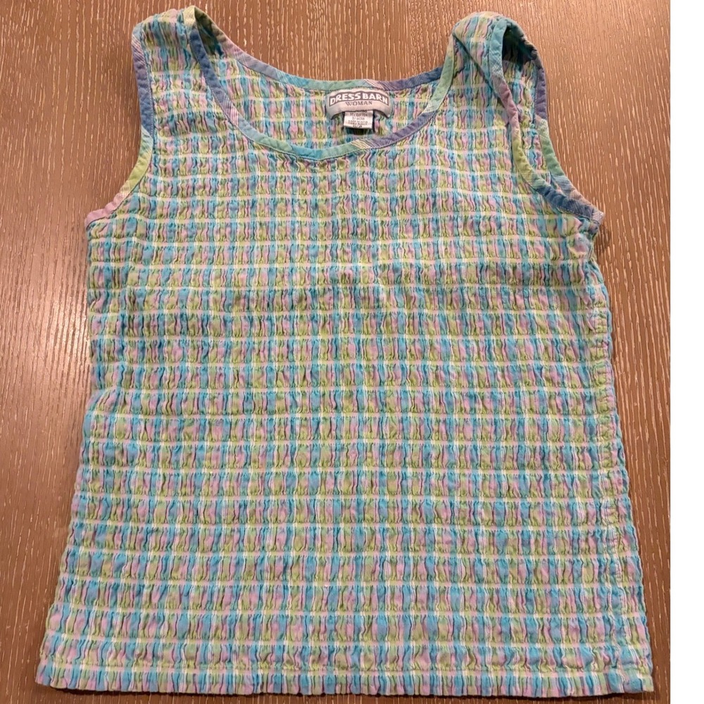 Y2K Dressbarn Woman Tank Top 22/24 Pastel Plaid Crinkle Stretch Cotton Plus